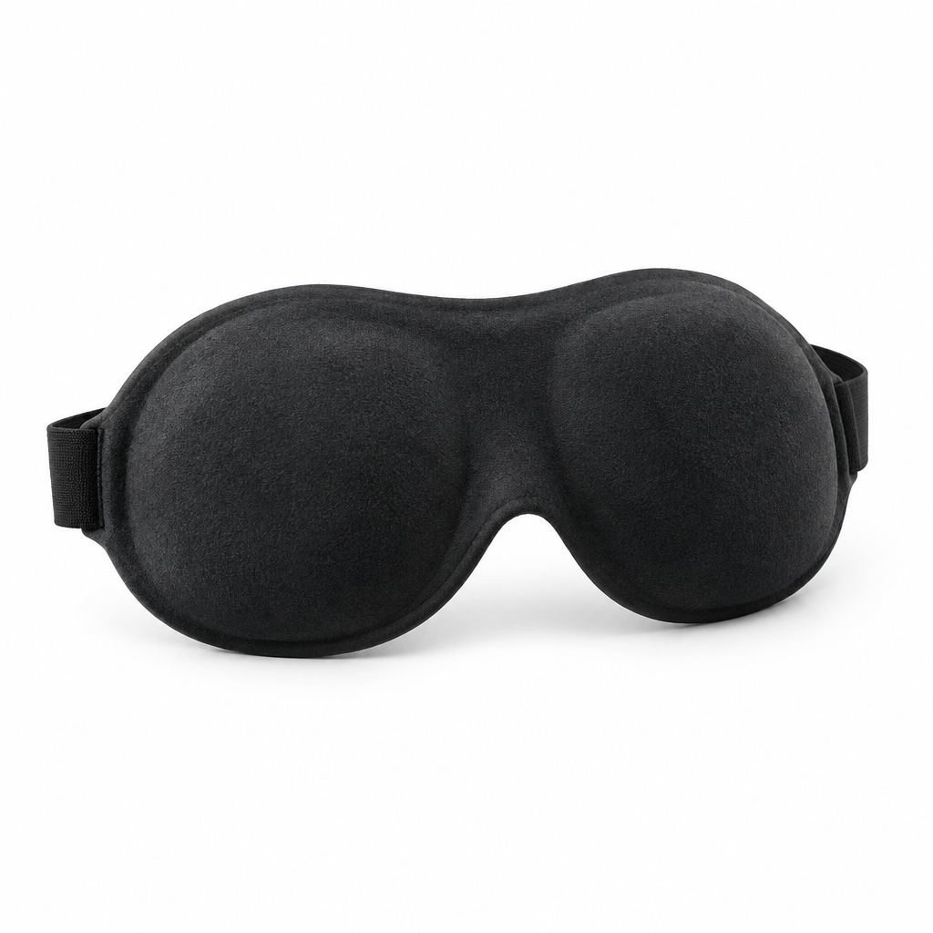 Charcoal contoured sleep mask with raised eye pockets on white background